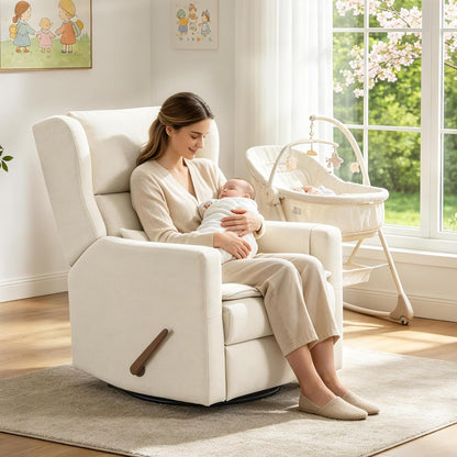 Power Recliner Chair Swivel Glider with Adjustable Headrest，Oversized Swivel Rocker Recliner with Lumbar Support, Upholstered Nursery Glider Recliner for Living Room,White