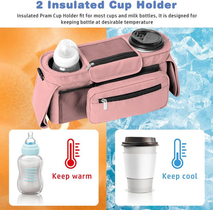 Baby Stroller Organizer, Universal Stroller Organizer with Detachable Phone Bag, Stroller Caddy with 2 Insulated Cup Holders, Buggy Organizer Bag with 2 Hooks Fits Most Strollers (Balck)