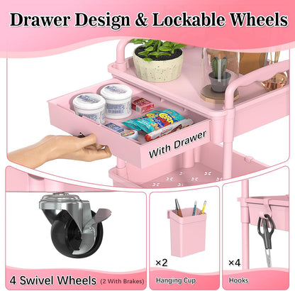 SUNALLY 3 Tier Rolling Cart with Drawer, Bathroom Storage Organizer with 2 Lockable Wheels, Multifunctional Rolling Storage Cart for Bathroom, Kitchen, Office, Craft, Makeup, Baby Essentials, White