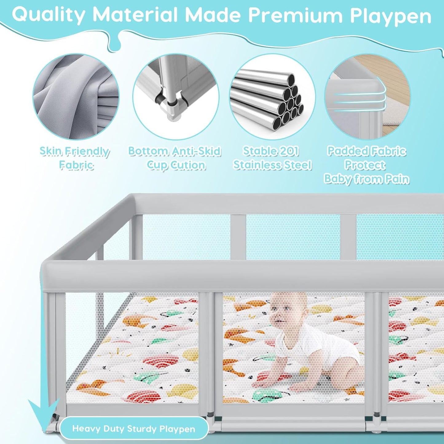 Fshibila 74" ×50" Large Baby Playpen, Baby Playard for Babies and Toddlers, Baby Fence Play Pens for Indoor & Outdoor, Sturdy Safety Play Yard with Soft Breathable Mesh, Anti-Fall, Grey