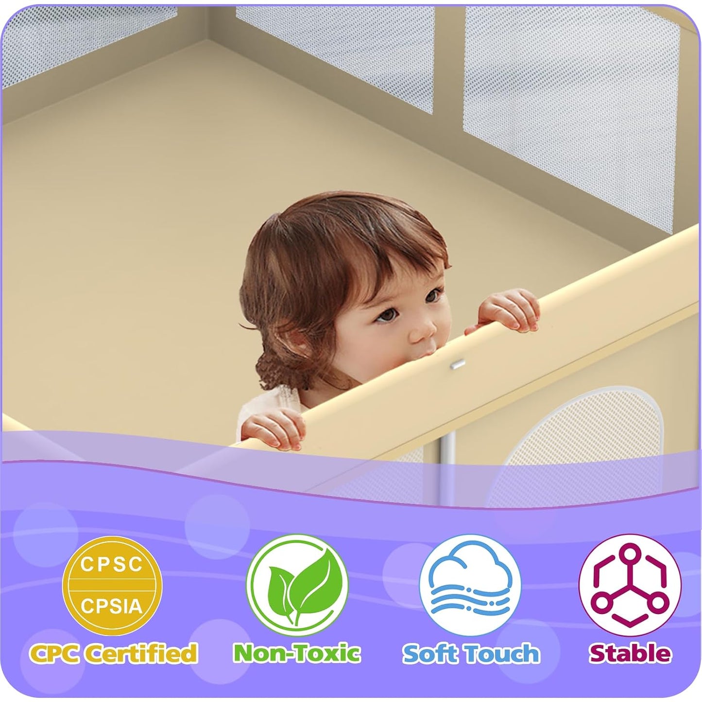 Foldable Large Playpen for Babies and Toddlers, 71"×71" Portable Playard with Carry Bag & 150 Ocean Balls, Indoor & Outdoor Baby Fence with Thick Mesh, No Assembly Required, Mat Not Included, Beige