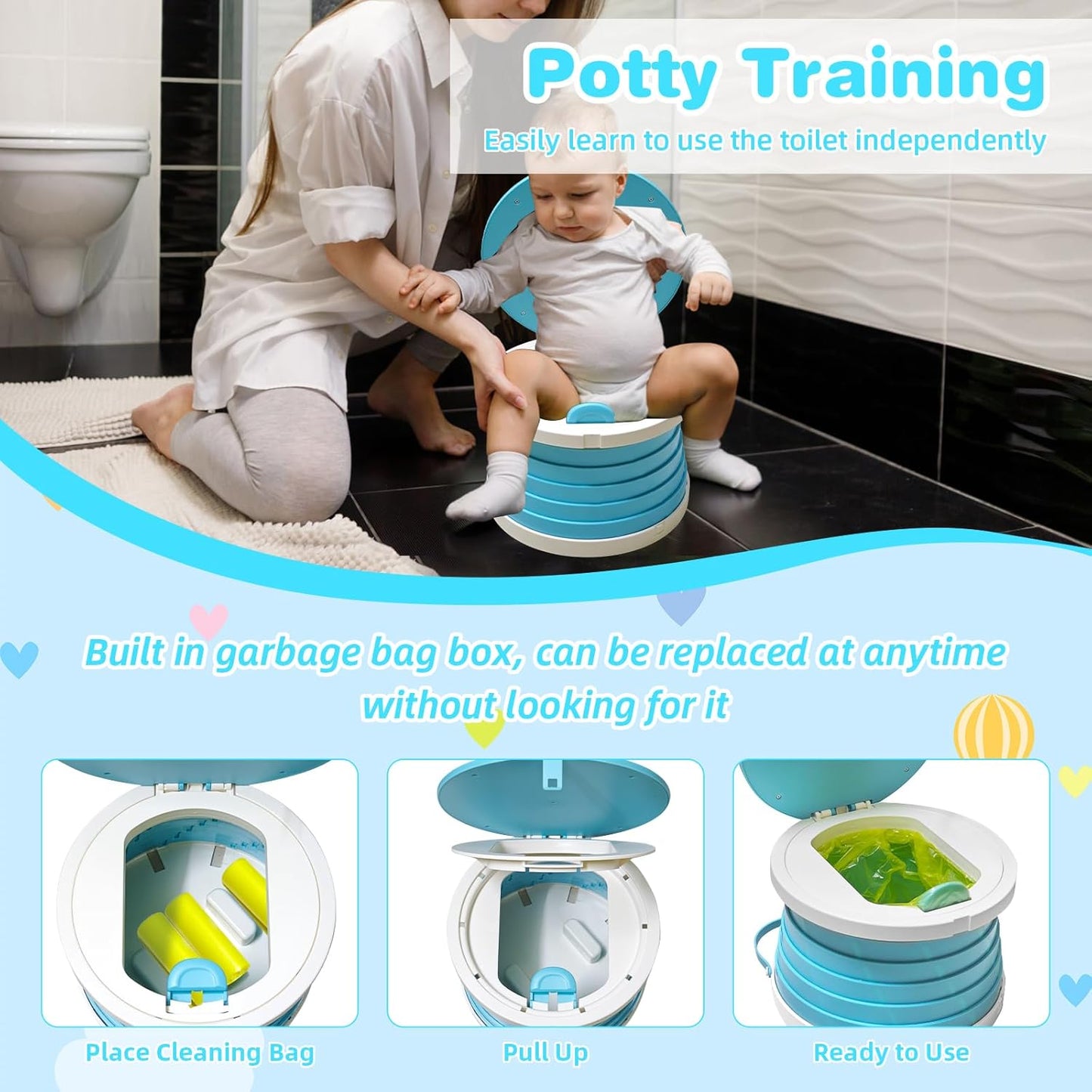 Portable Potty Chair for Toddlers with Splash-Proof Design, Foldable Travel Potty with Bag & 30 Refills - Kids Toilet for Car, Camping, Indoor - Easy Clean Baby Potty Training Seat(Red-blue)