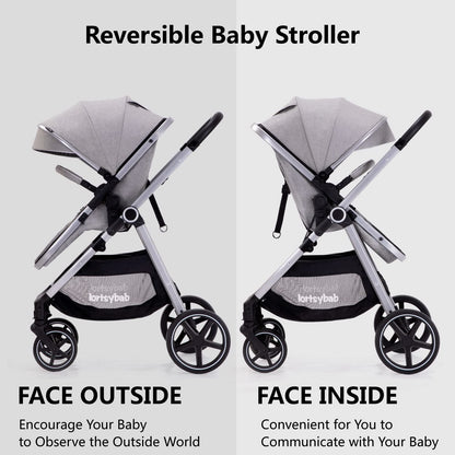 Lortsybab 2-in-1 Baby Stroller - Folding Infant Newborn Pram Stroller with Reversible Seat - Toddler Strollers for 0-36 Months Old Babies (Pink)