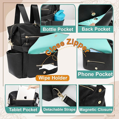 MOMINSIDE Diaper Bag Backpack, Convertible Hobo, Large Baby Bag with 14 Pockets, 6 Bottle Pouches, Wipes Pouch, Insulated Pockets (Black)