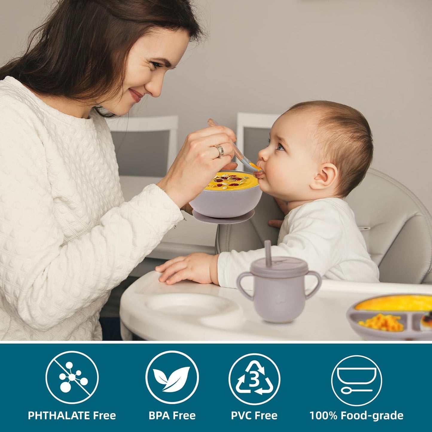 100% Silicone Baby Feeding Set, BPA Free Baby Dishes with Suction Bowl, Divided Plate, Toddler Self Feeding Dish Set with Spoons, Forks, Sippy Cup and Bib, Baby Eating Utensils (Navy Blue)