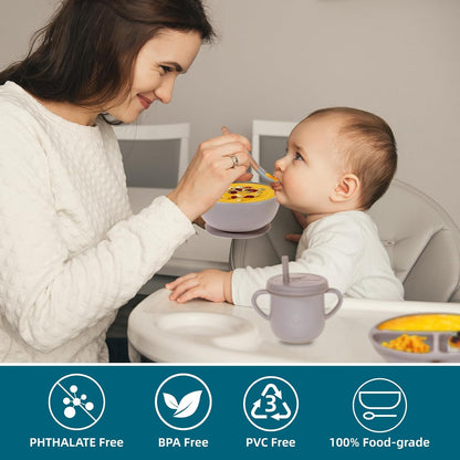 100% Silicone Baby Feeding Set, BPA Free Baby Dishes with Suction Bowl, Divided Plate, Toddler Self Feeding Dish Set with Spoons, Forks, Sippy Cup and Bib, Baby Eating Utensils (Navy Blue)