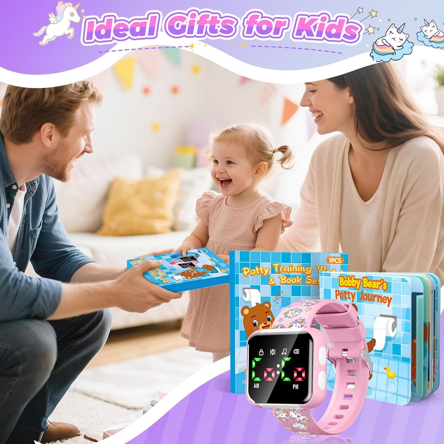 Potty Training Watch and Board Book for Kids: Water Resistant Potty Watches for Toddler Boys Rechargeable Toilet Reminder Dinosaur Toddler Watch 1-3 Birthday Gifts for 2 3 4 Year Old Boy (Blue)