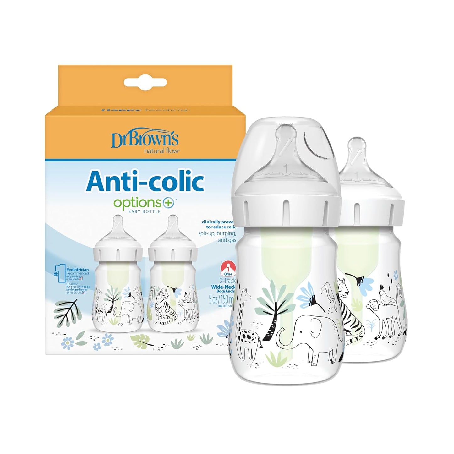 Dr. Brown's Anti-Colic Options + Wide-Neck Baby Bottle Designer Edition Dino Decos, 9oz/270mL, Level 1 Slow Flow Nipple, BPA-Free, 0m+, 2-Pack