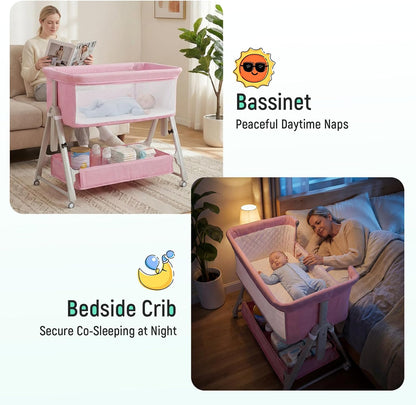 Cowiewie Bassinet Bedside Sleeper,3-in-1 Baby Bassinet with Mattress & Wheels,Easy Folding Portable Bedside Bassinet for Baby with Storage & Travel Bag,Breathable Mesh,Stable & Secure,Beige