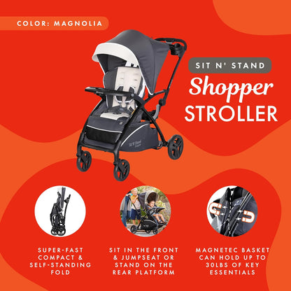 Baby Trend 5-in-1 Kids Shopper and Travel Stroller with Canopy Visor, Storage Basket and 2 Cup Holders, Sit N' Stand, Magnolia - Collapsible Infant and Toddler Stroller and Car Seat Combo System