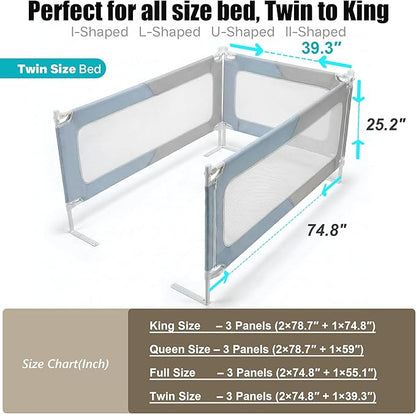 Twin Size Baby Bed Rail Guard – Extra Tall Safety Bedside Rail with Headboard Rod for Toddlers, Adjustable No-Gap Design, 3 Panels (2×74.8″ + 1×39.3″), Gray & Light Blue