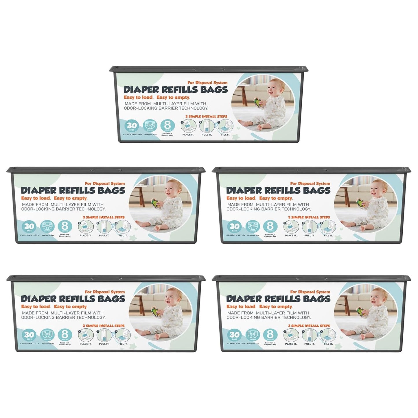 Diaper Pail Refills Bags with 30 Bags (Baby Powder Scent) Compatible with Genie Easy Roll Signature and Platinum Diaper Pails, 7-Layer Odor-Barrier Technology 3 Pack (90 Bag)