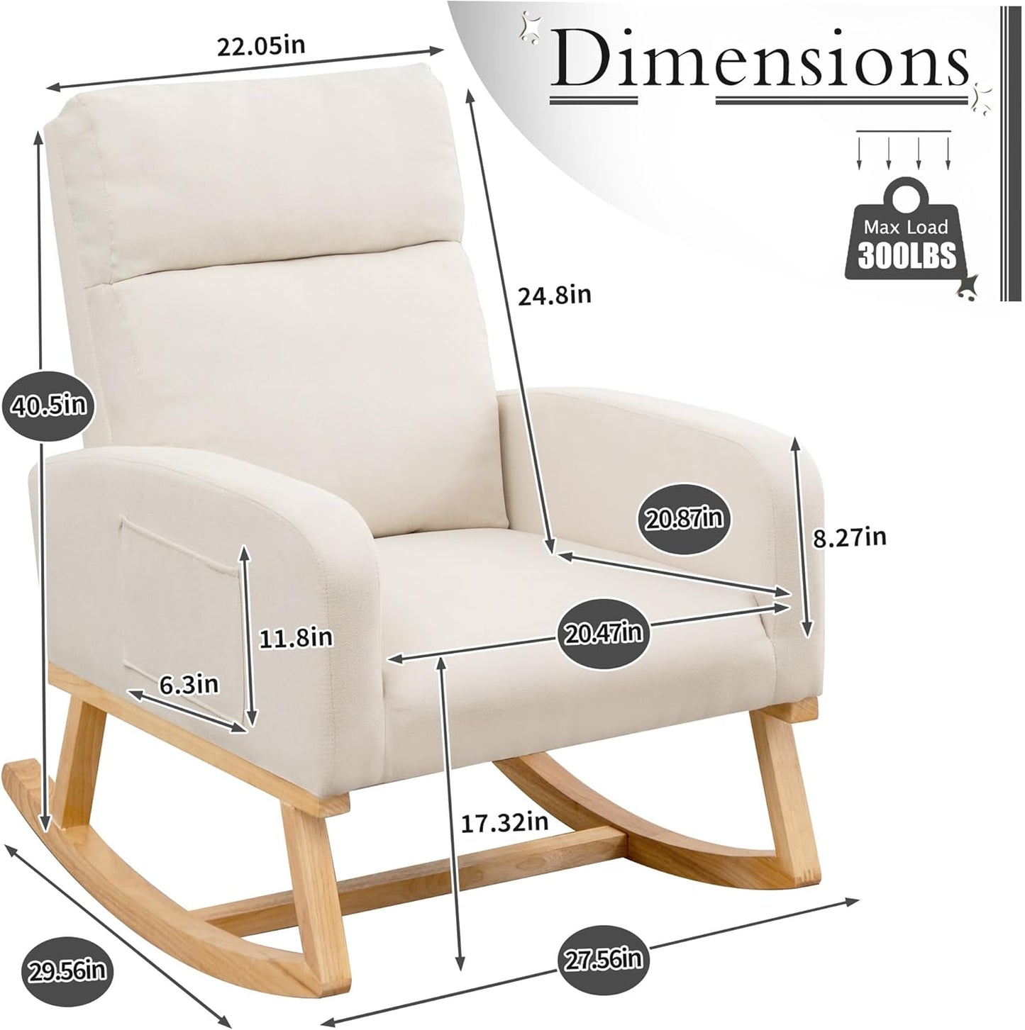 Rocking Chair Nursery, Upholstered Nursing Rocker Chair for Mom with High Backrest and Side Pockets for Bedroom Living Room, Beige