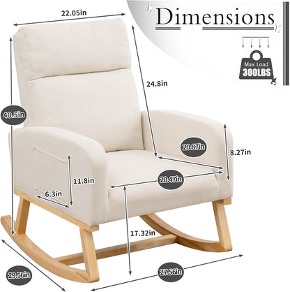 Rocking Chair Nursery, Upholstered Nursing Rocker Chair for Mom with High Backrest and Side Pockets for Bedroom Living Room, Beige
