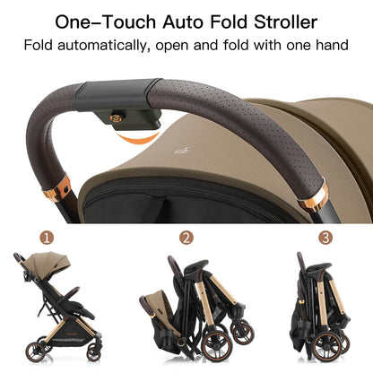 Gromast Gravity Folding Baby Stroller - Portable Travel Toddler Stroller w/Adjustable Backrest, Canopy & Cup Holder, Lightweight and UV Protected, One-Hand Automatic Folding - Green