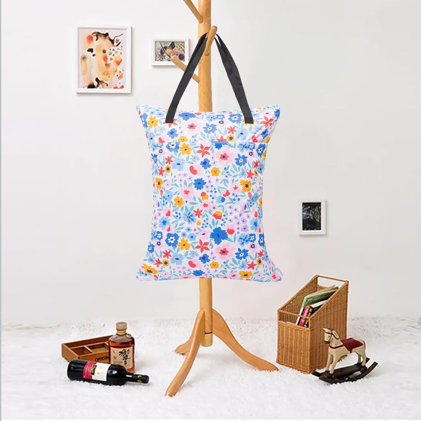 ALVABABY 2 Pack Large Wet Dry Bag Waterproof Hanging Cloth Diaper with Double Zippered Pockets 25x18 inches (Feather & Stripe)