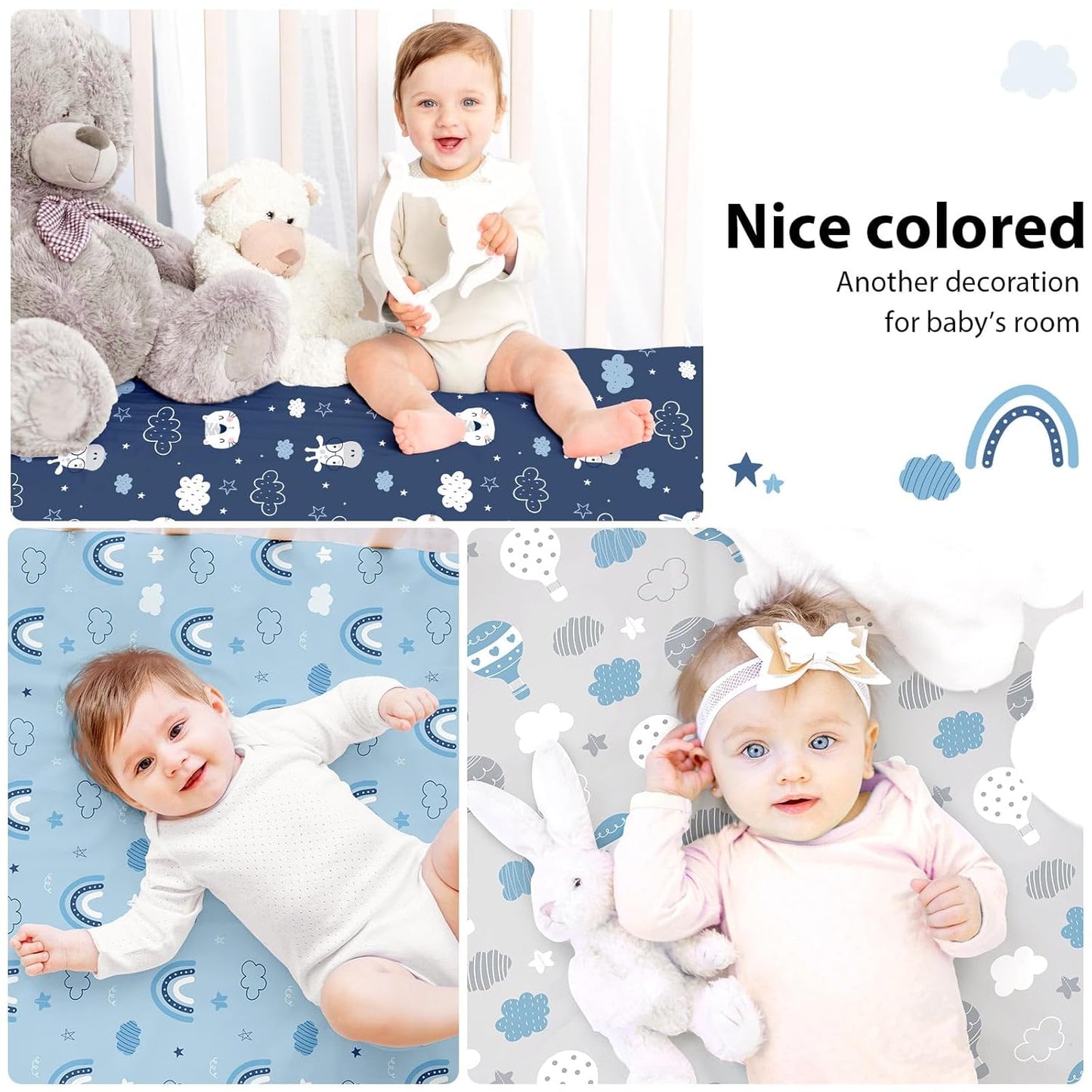 Baby Mini Crib Sheets Girl, Portable 38”x26” Pack and Play Sheets Fitted for Playard and Pack N Play Mattress, 3-Pack Soft Microfiber Pink Rainbow