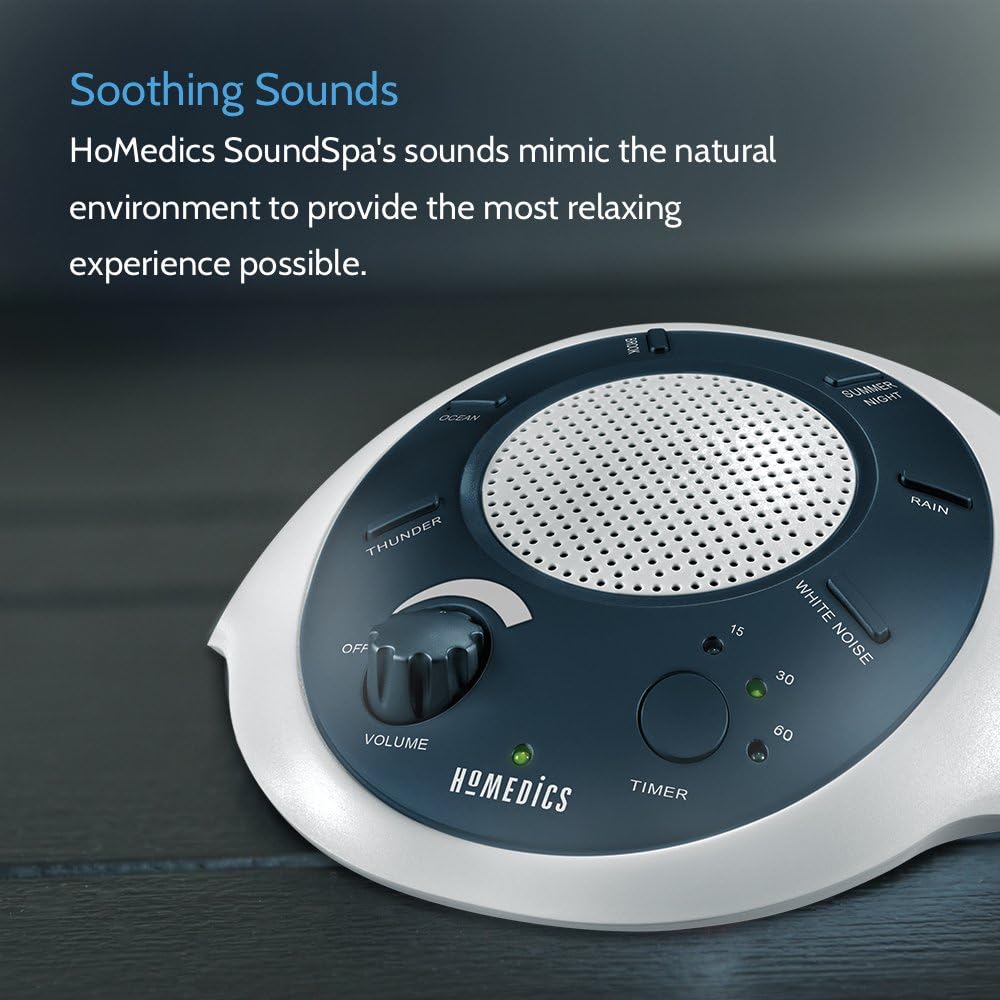 Homedics SoundSleep White Noise Sound Machine, Blue, Small Travel Sound Machine with 6 Relaxing Nature Sounds, Portable Sound Therapy for Home, Office, Nursery, Auto-Off Timer, by Homedics