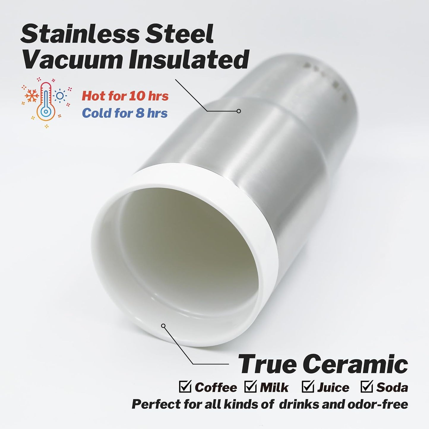 True Ceramic Interior Vacuum Insulated Tumbler, 16oz, Original Steel | True Ceramic Lined (Not Coated), Vacuum Insulated, Car Commuter Tumbler for Soda, Coffee & Tea On-The-Go, No Metallic Taste