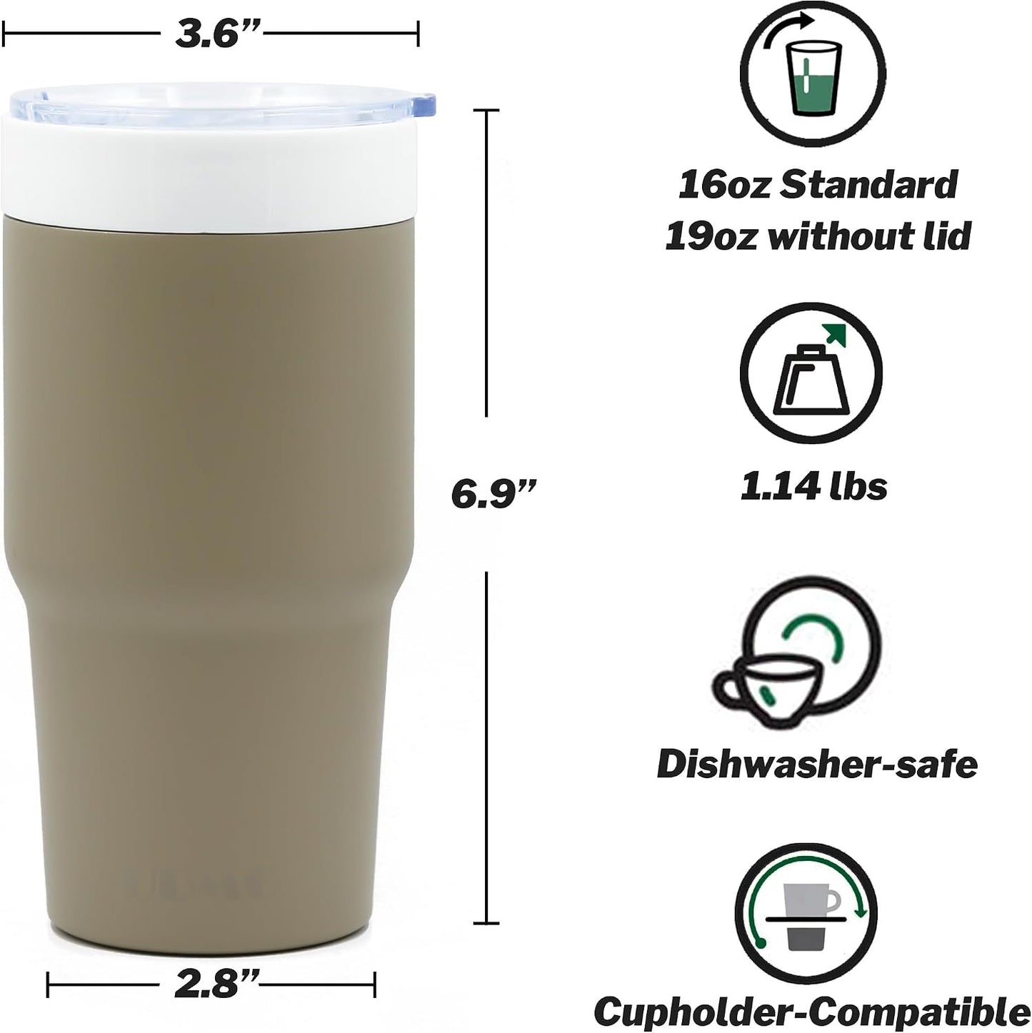 True Ceramic Interior Vacuum Insulated Tumbler, 16oz, Original Steel | True Ceramic Lined (Not Coated), Vacuum Insulated, Car Commuter Tumbler for Soda, Coffee & Tea On-The-Go, No Metallic Taste