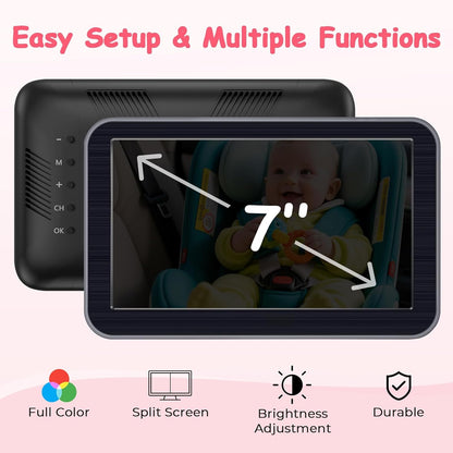 HD-1080P 2-Kids Baby Car Camera: Auto Night Vision Dual Backseat Cameras with 7” Split-Screen Recording Monitor - 360° Rotation, Easy Installion Without Tools for Twins & Siblings