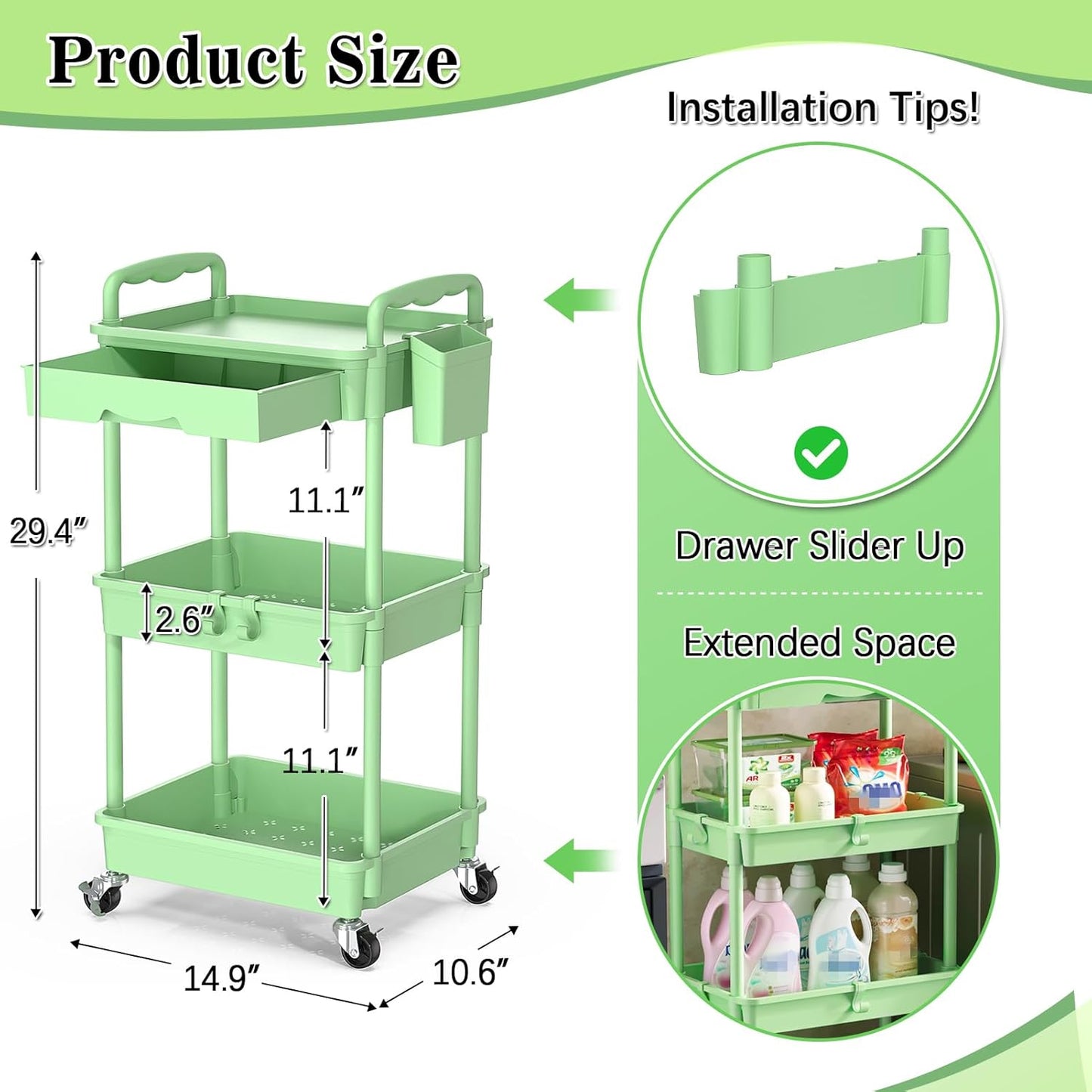 SUNALLY 3 Tier Rolling Cart with Drawer, Bathroom Storage Organizer with 2 Lockable Wheels, Multifunctional Rolling Storage Cart for Bathroom, Kitchen, Office, Craft, Makeup, Baby Essentials, White
