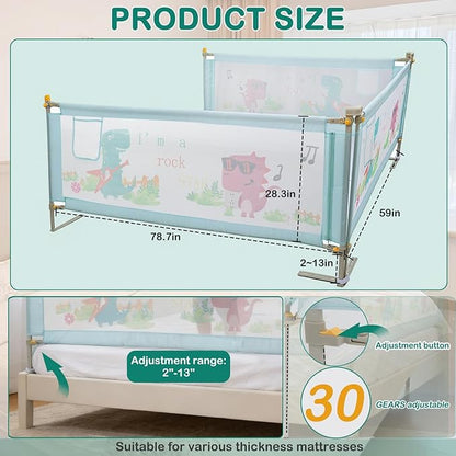 Bed Rail for Toddlers Twin, Full, Queen, King & Cal kingMattress Size | Swing Down Rail Guard | Mattress Side Rail for Kids (Blue Dinosaur, (3 Sides for Full Size) 75x75x54 Inch)