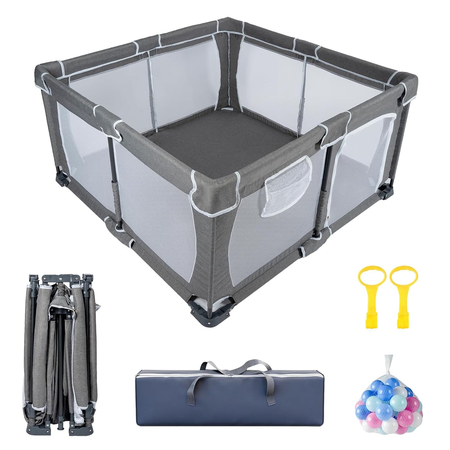 Foldable Baby Playpen,PlayPens for Babies and Toddlers，Indoor Outdoor Safety Play Area, Portable Child Activity Large Collapsible Play Yard，Folding Fence (Cationic Fabric-Grey, 50"x50")