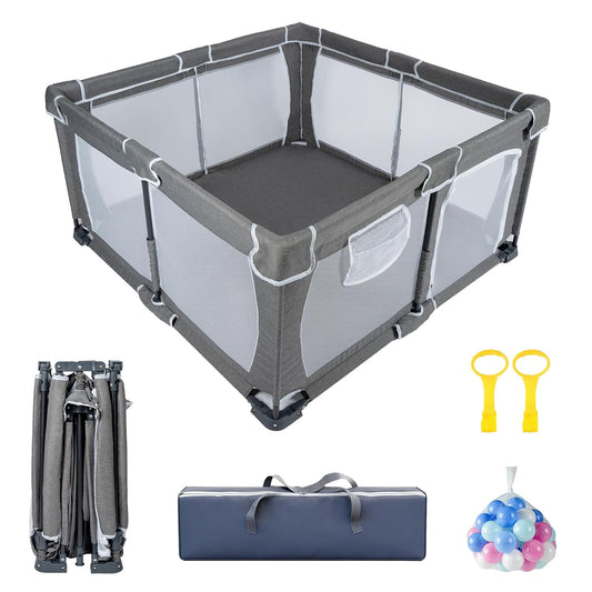 Foldable Baby Playpen,PlayPens for Babies and Toddlers，Indoor Outdoor Safety Play Area, Portable Child Activity Large Collapsible Play Yard，Folding Fence (Cationic Fabric-Grey, 50"x50")