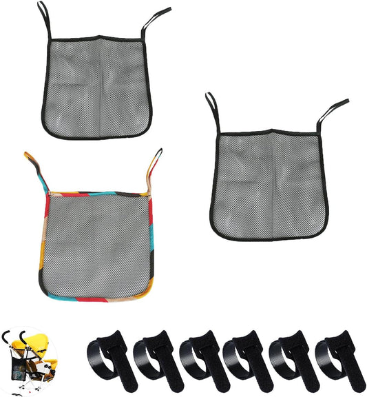 3 Pack Stroller Sling Mesh Bag Back Hanging Extra Storage Organizer Handle Bar Attachment Net Pouch for Kids Wagon Pushchair Pram Car Seat Umbrella Water Bottle Diaper Bag Phone Snacks