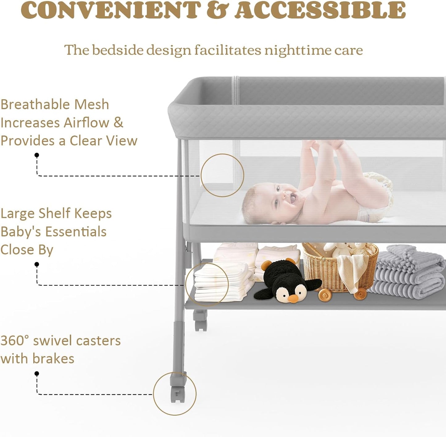 Baby Bassinet, 3-in-1 Baby Bassinets Bedside Sleeper for Newborn with Breathable Mesh, Portable Baby Crib with 4- Adjustable Height, Mattress, Storage Basket & Lockable Wheels, CPSC Beige