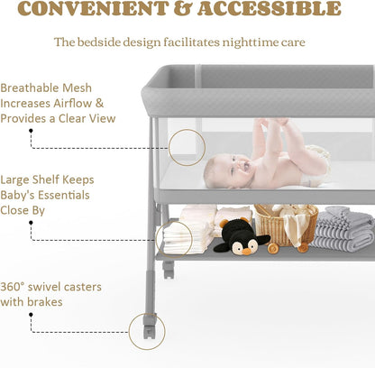 Baby Bassinet, 3-in-1 Baby Bassinets Bedside Sleeper for Newborn with Breathable Mesh, Portable Baby Crib with 4- Adjustable Height, Mattress, Storage Basket & Lockable Wheels, CPSC Beige