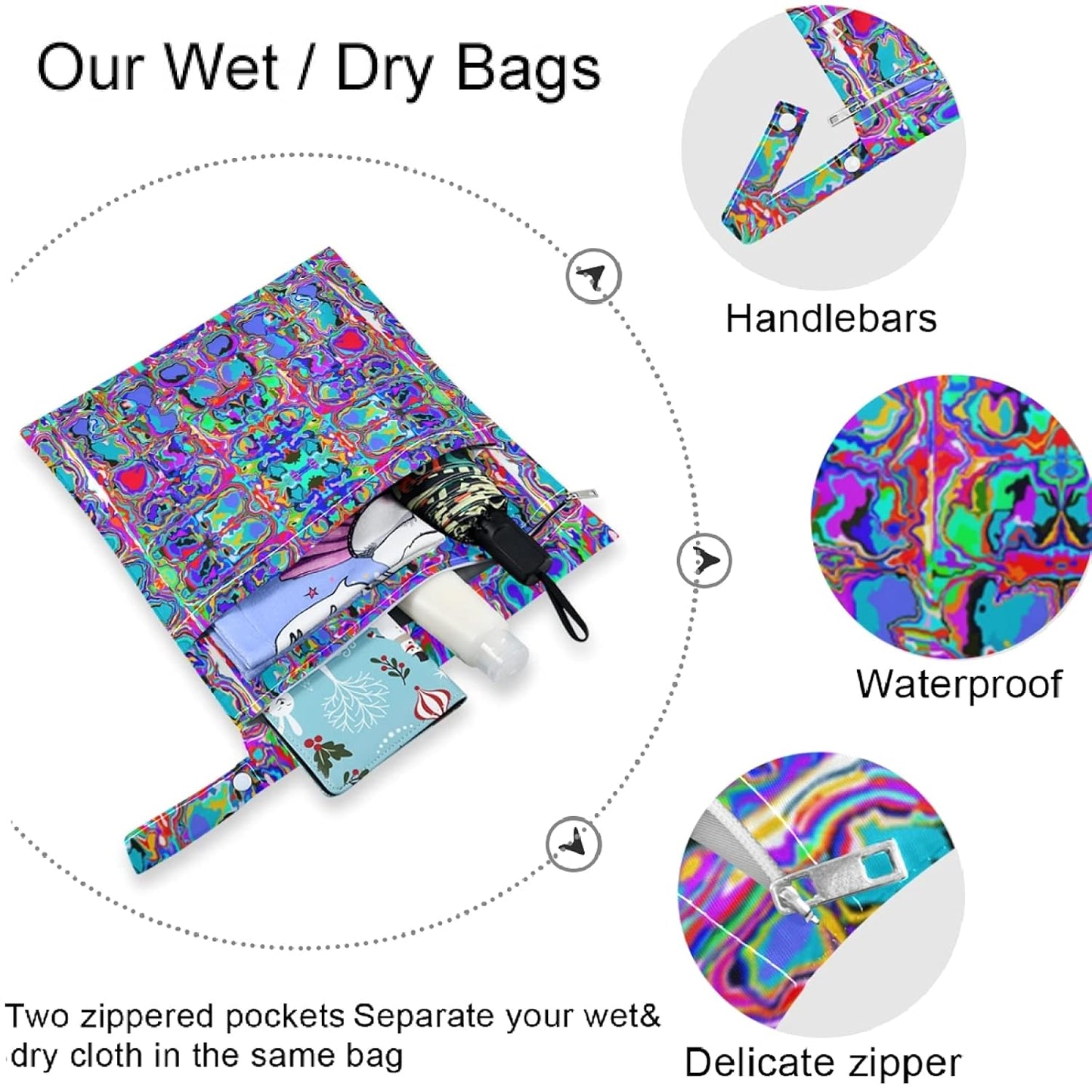 visesunny Bright Human Skull 2Pcs Wet Bag with Zippered Pockets Washable Reusable Roomy Diaper Bag for Travel,Beach,Daycare,Stroller,Diapers,Dirty Gym Clothes,Wet Swimsuits,Toiletries