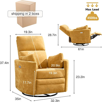 Power Recliner,Nursery Swivel Glider Rocking Chair with USB Port,Upholstered Adult Electric Recliner Rocking Chair with 2 Pillows for Living Room Bedroom (Beige Corduroy, Power-Driven)