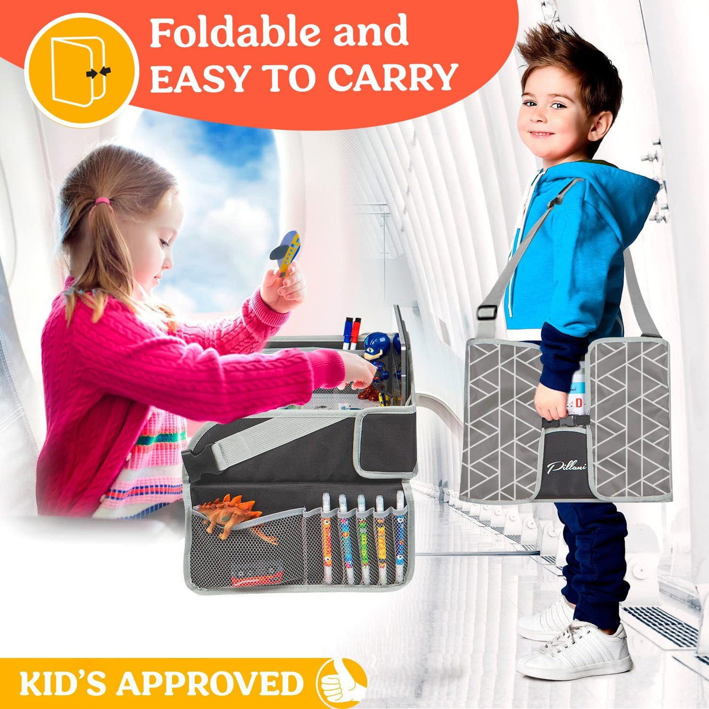PILLANI Kids Travel Tray for Car Seat - Carseat Tray w/ iPad Holder & Dry Erase Board, Road Trip Activities - Toddler Lap Desk Organizer for Airplane - Roadtrip & Travel Essentials - Pack of 2, Pink