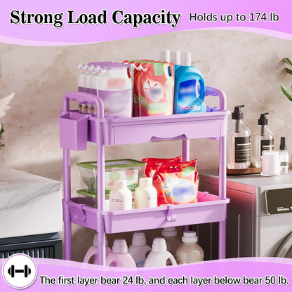 SUNALLY 3 Tier Rolling Cart with Drawer, Bathroom Storage Organizer with 2 Lockable Wheels, Multifunctional Rolling Storage Cart for Bathroom, Kitchen, Office, Craft, Makeup, Baby Essentials, White
