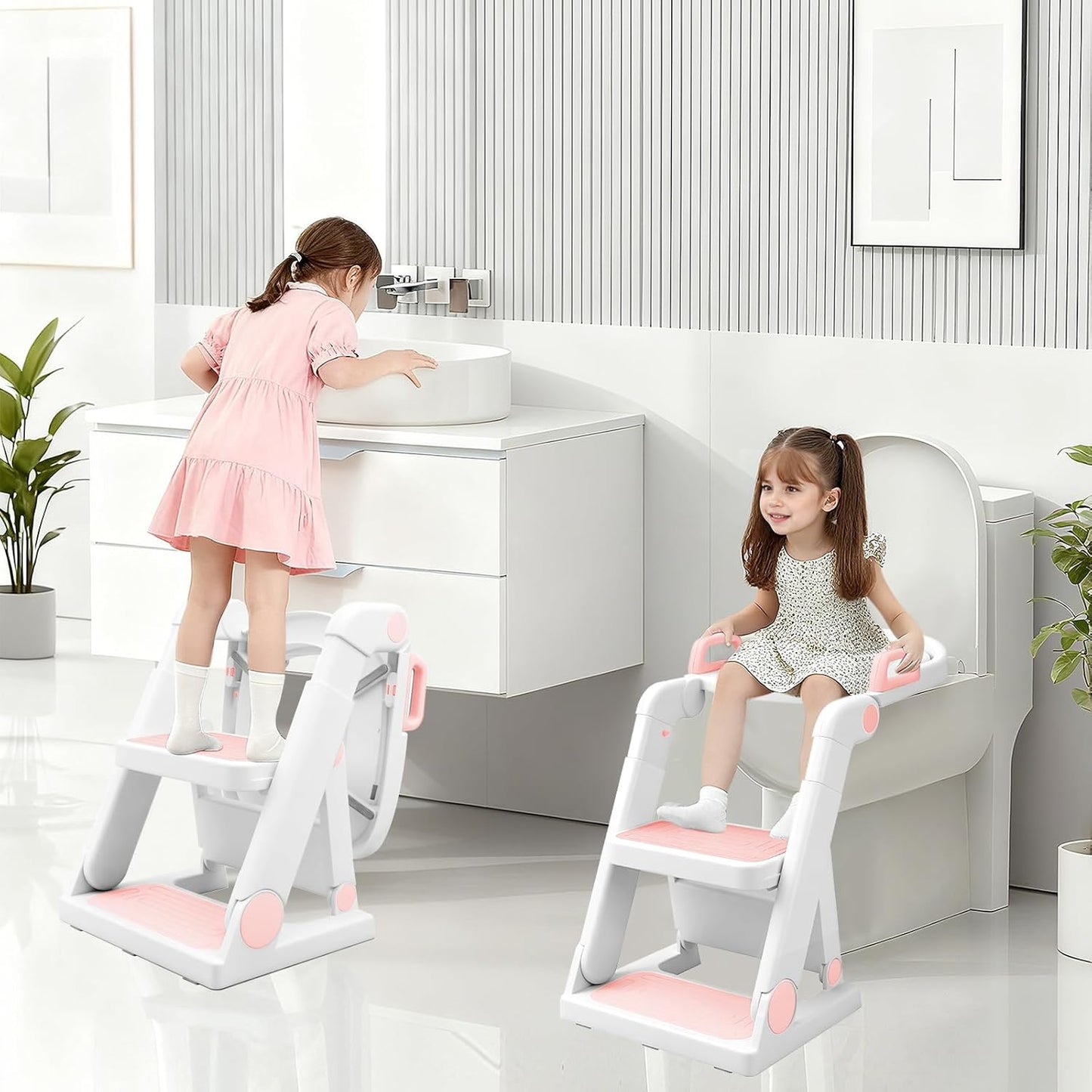 [No Assembly Required] BABY JOYCE Potty Training Seat with Step Stool Ladder, Extra Sturdy Integrated Toddler Toilet Seat for Boys Girls, Anti-Slip Step & Splash Guard, Foldable Potty Ladder (Grey)