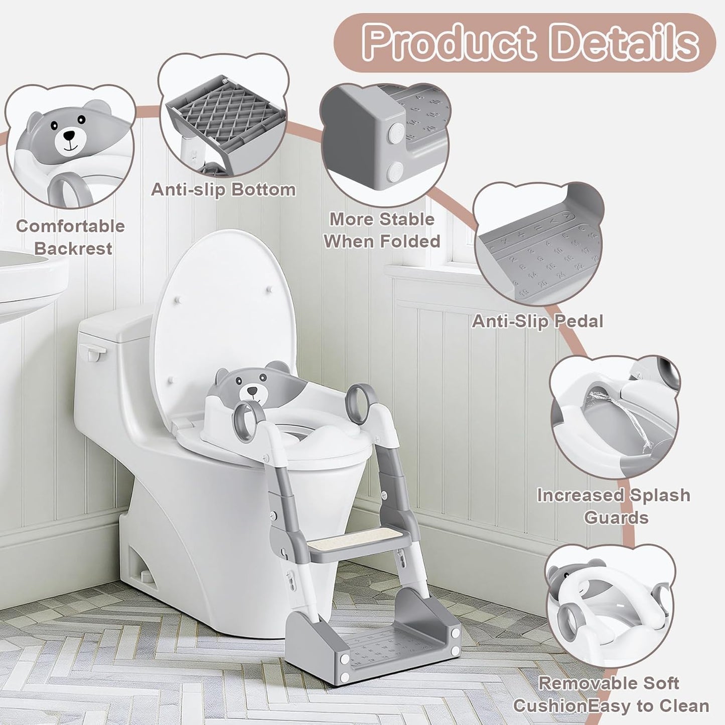 Potty Training Seat,Toddler Toilet Seat for Boys Girls,3-in-1 Potty Training Toilet and Chair with Step Stool Ladder,Anti-Slip Height Adjustable Foldable Splash Guard for Kids (Grey)