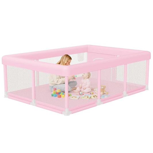 Hiaksedt Large Baby Playpen 74"x50", Baby Girl Play Pen for Babies and Toddlers Pink, Safe Structure and Soft, Skin-Friendly Fabric with Zipper Gates