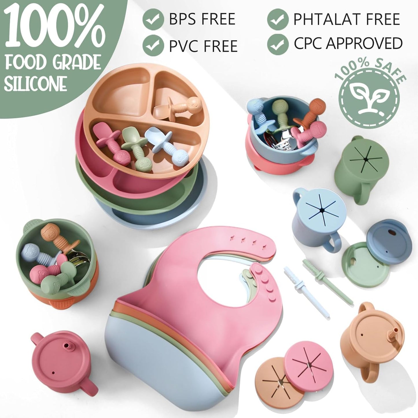 Yinder 32 Pack Silicone Baby Feeding Set Baby LED Weaning Supplies Includes Suction Divided Plates Soft Bowl Spoons Forks Adjustable Bib Snack Cup with Lid and Straws (Soft Color)