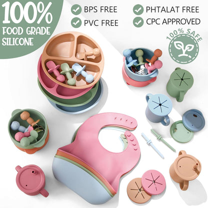 Yinder 32 Pack Silicone Baby Feeding Set Baby LED Weaning Supplies Includes Suction Divided Plates Soft Bowl Spoons Forks Adjustable Bib Snack Cup with Lid and Straws (Soft Color)
