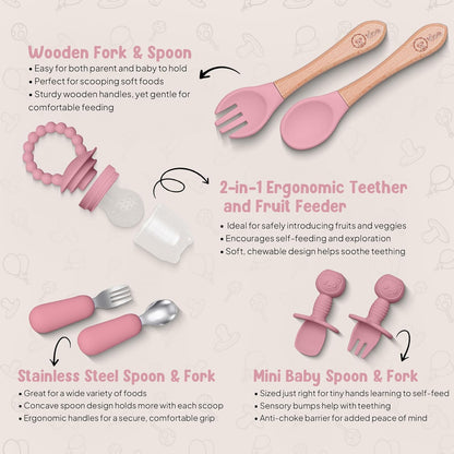 O'doe 17-Piece BPA-Free Silicone Baby Feeding Set | Thick & Soft Suction Plates, Baby Bowls, Wooden Fork & Spoon, and More | Make Mealtime Fun and Easy for Your Little One (Purple, V2)