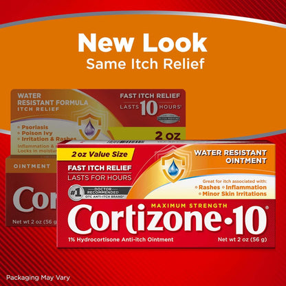 Cortizone-10 Maximum Strength Water Resistant Itch Relief Ointment, 1% Hydrocortisone, Fast-Acting, Anti-Itch Cream for Bug Bites, Rash, Eczema, Psoriasis, Poison Ivy, Oak, Sumac & More, 2 oz