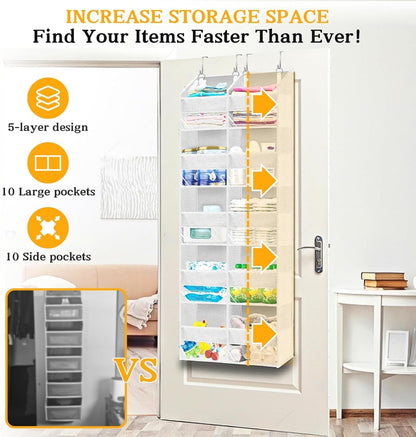 Over The Door Organizer, 5-Tier Extra Large Behind Door Storage with 10 Big Front & 10 Mesh Pockets, 80lb Capacity, Hanging Storage Organizer with Clear Window Kids Toys, Shoes, Diapers, Light Grey