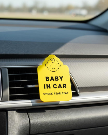 Baby in Car Reminder Vent Clip - Removable Clip-On Sign for Infant Car Safety - Bright Yellow Portable Lightweight Handmade Baby in Vehicle Reminder