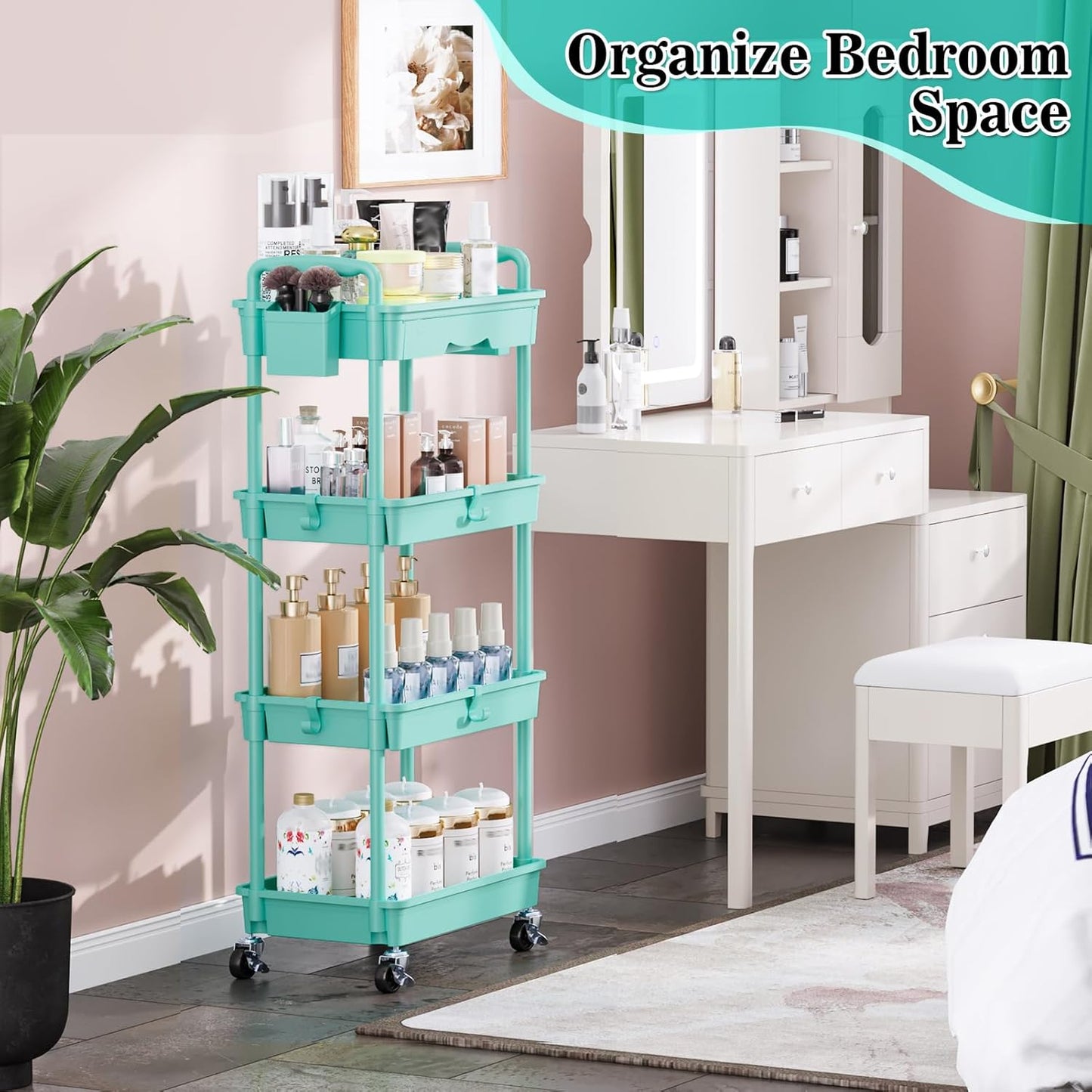 SUNALLY 3 Tier Rolling Cart with Drawer, Bathroom Storage Organizer with 2 Lockable Wheels, Multifunctional Rolling Storage Cart for Bathroom, Kitchen, Office, Craft, Makeup, Baby Essentials, White