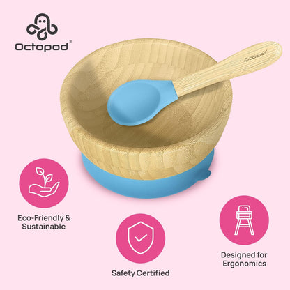 Abiie Octopod Bamboo Baby Bowl Set for 4 Months and Up – Mess-Free High Chair Suction Bowl with Spoon for Toddlers and Kids - Ergonomic Baby Feeding Essentials - 5.7" x 3" x 5.7" - Pink