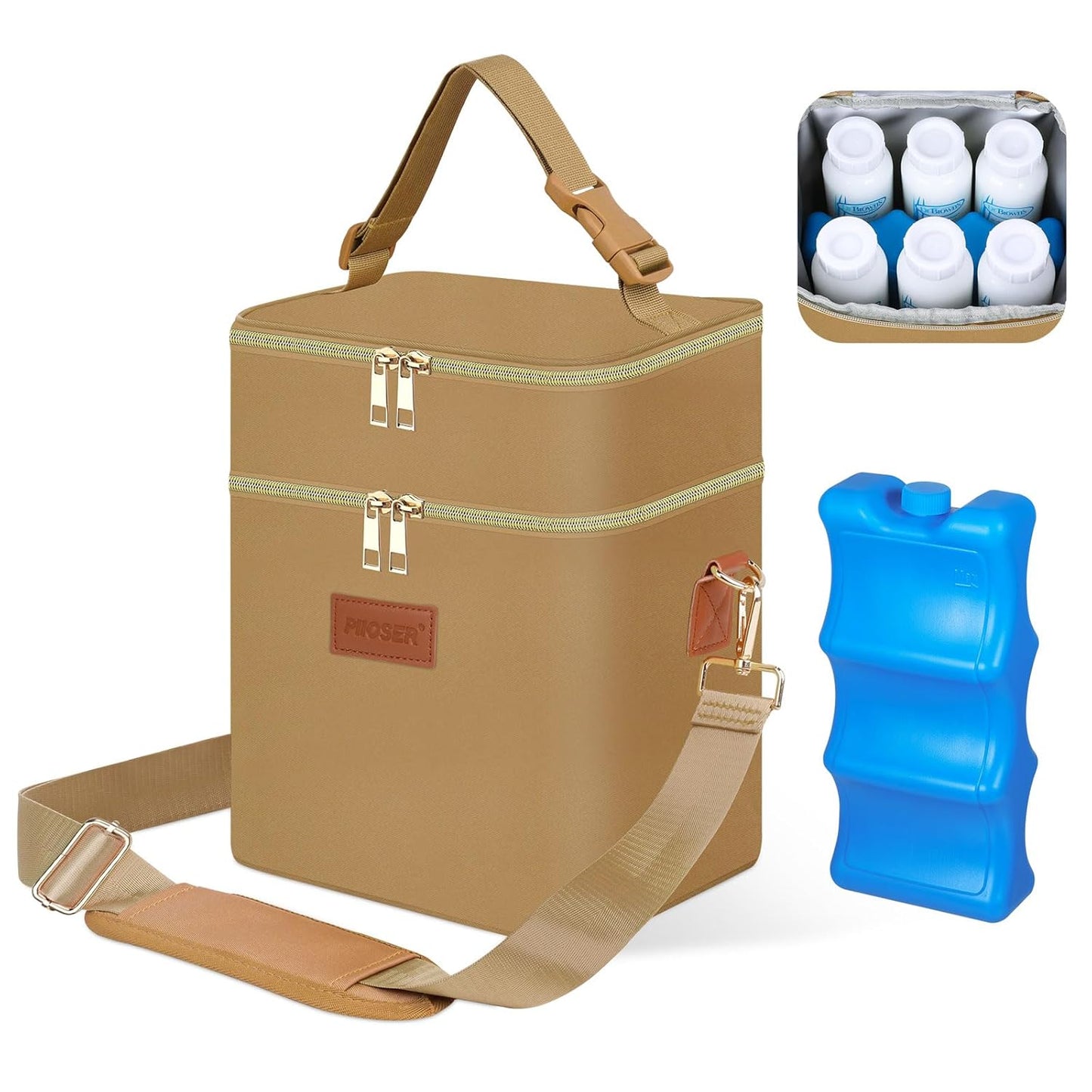 PIIOSER Breastmilk Cooler Bag with Ice Pack Fits 6 Baby Bottles Up to 9 Ounce, Insulated Baby Bottle Tote Bags, Double Layer Waterproof Leak-Proof with Shoulder Strap for Nursing & Working Mom (Grey)
