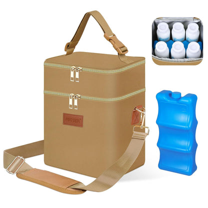 PIIOSER Breastmilk Cooler Bag with Ice Pack Fits 6 Baby Bottles Up to 9 Ounce, Insulated Baby Bottle Tote Bags, Double Layer Waterproof Leak-Proof with Shoulder Strap for Nursing & Working Mom (Grey)