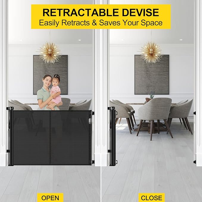 Reinforced 42” Extra Tall Retractable Baby Gates with Rods, Extends up to 60” Wide, Tall Retractable Dog Gate for Doorways Prevent Crawling Through Mesh Pet Gate Indoor Outdoor, Black